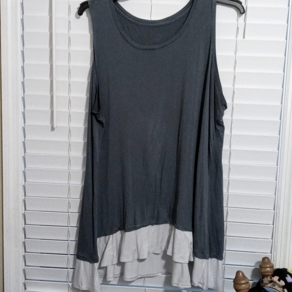 LOGO 3X Slate blue tank top with ivory ruffle trim